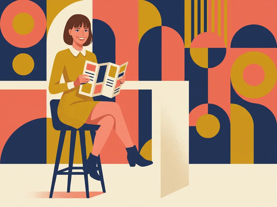 Young woman on a tall stool reading a leaflet