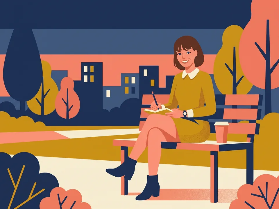 Young woman writing in a notebook on a park bench