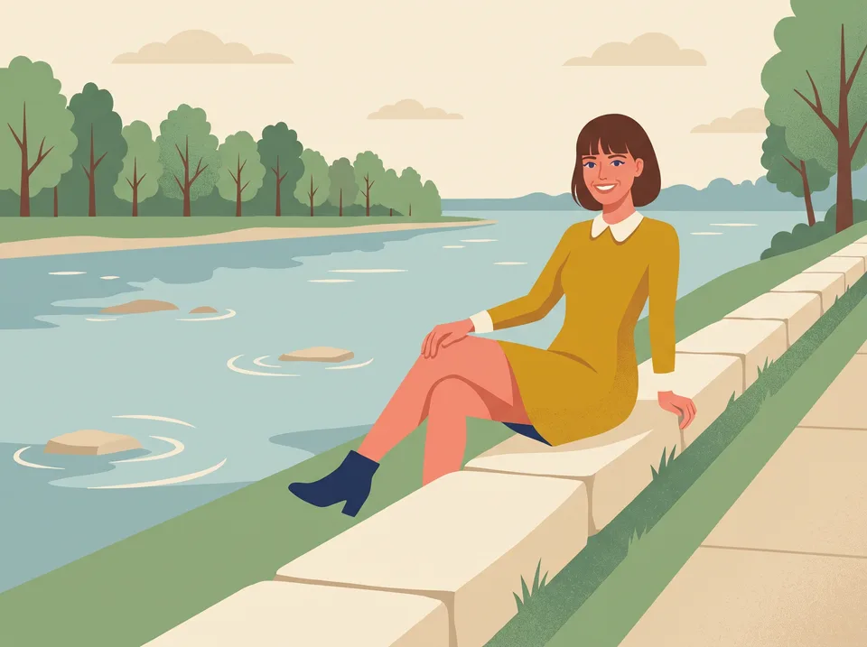 Woman on a stone wall above the river