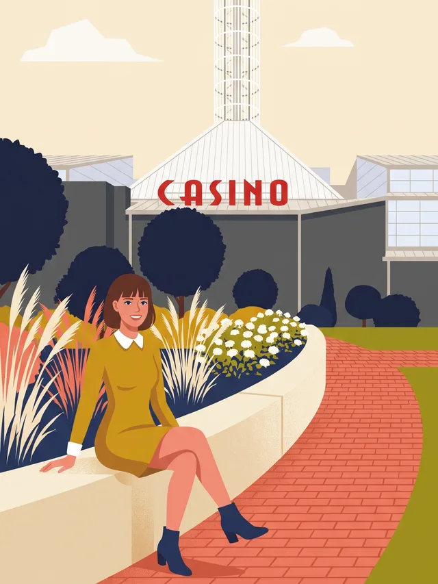 Woman on the planter below the CASINO gable